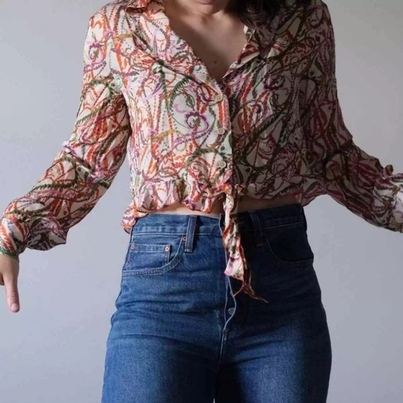 Zara Multicolor Abstract Paisley Button-Up Tie Front Cropped Blouse Colorful - Picture 3 of 11